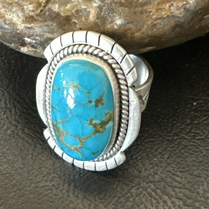 Navajo Sterling Silver Blue Kingman Turquoise Adjustable Ring Size 7 19005