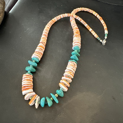 Santo Domingo Blue Turquoise Orange Spiny Bead Necklace 24" 18908