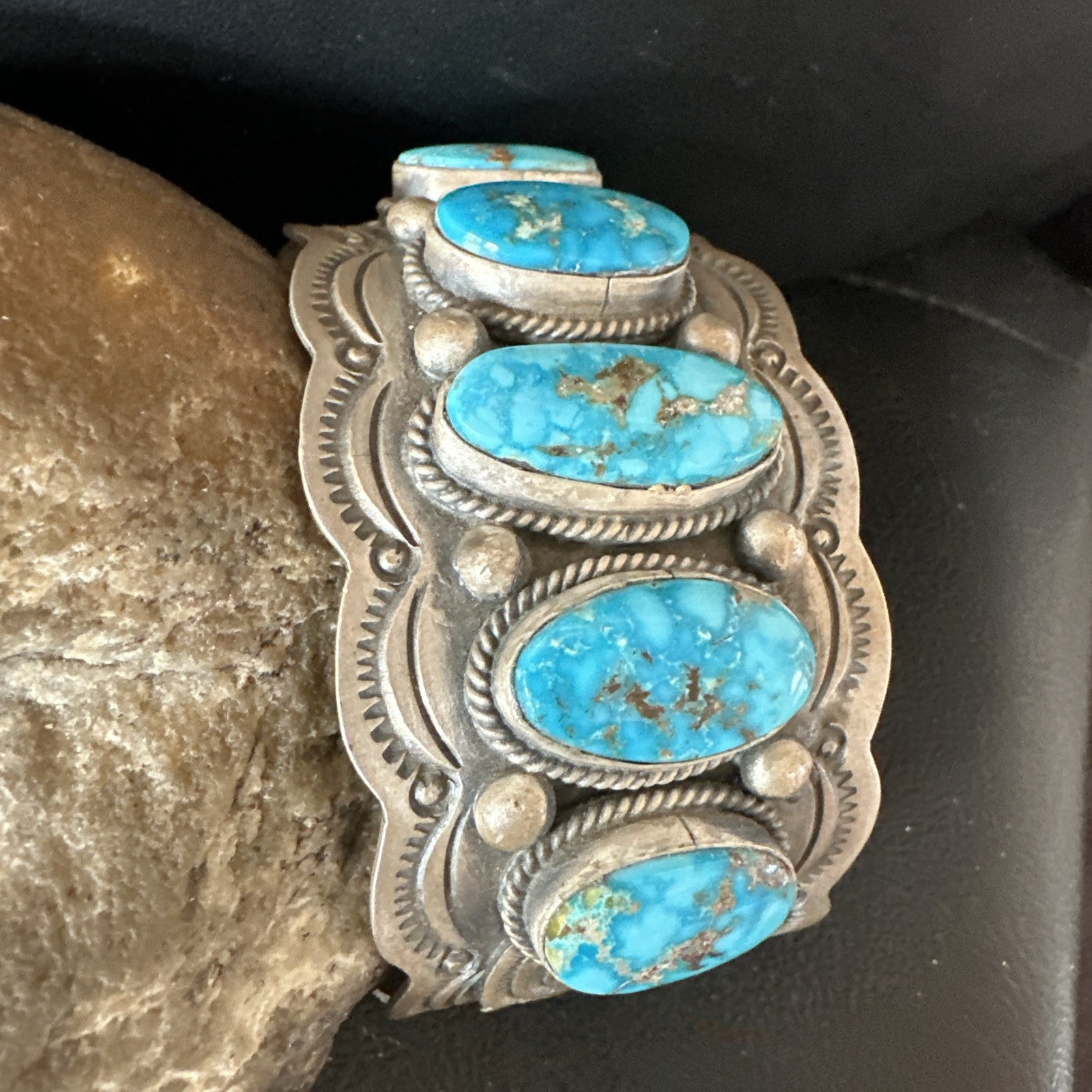 Mens Blue Kingman Turquoise Sterling SIlver Cluster Cuff Bracelet 8.2" 18875
