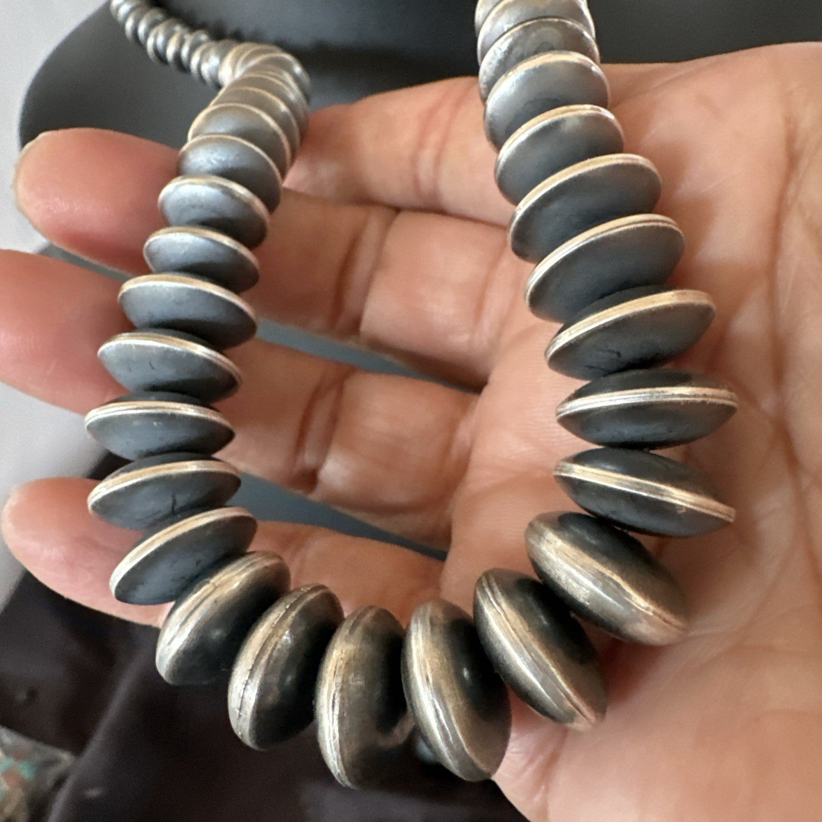 Navajo Pearl Graduated Rondelle Sterling Silver Bead Necklace 21” 19009