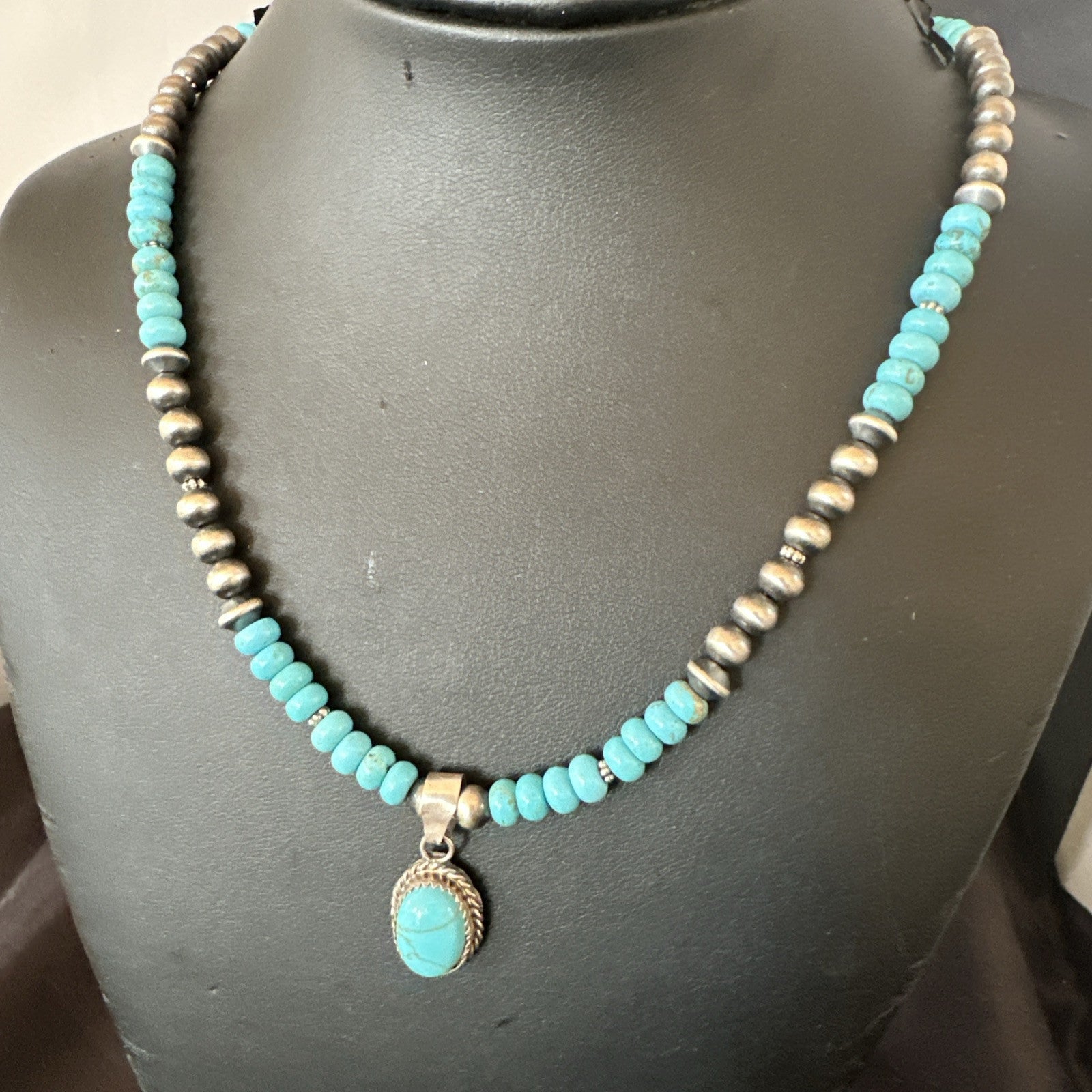 WoMens Blue Kingman Turquoise Pendant Navajo Sterling Silver Necklace 21" 18937