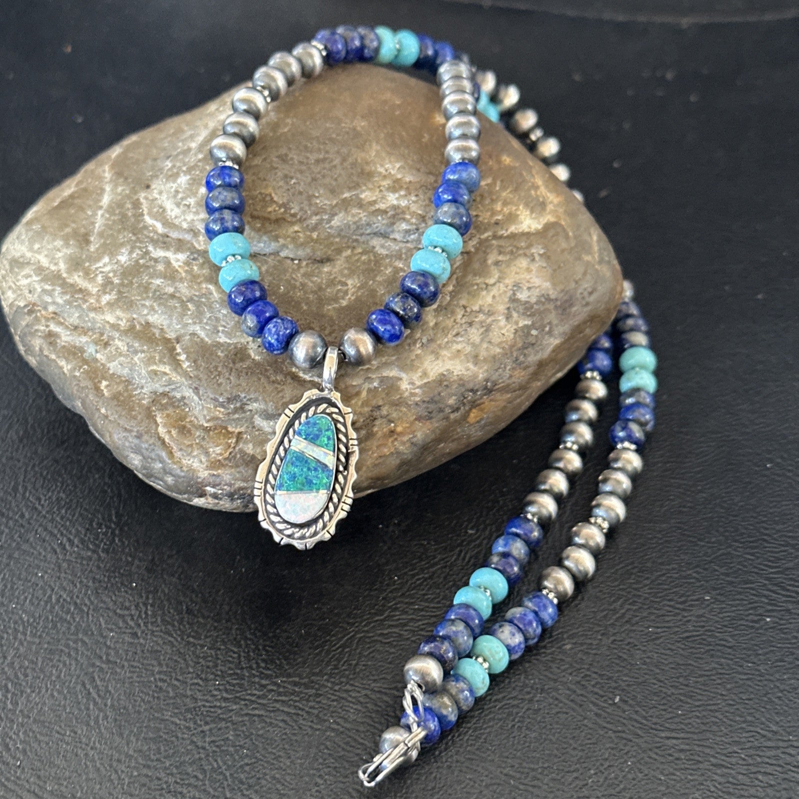 WoMens Opal Inlay Pendant Navajo Sterling Silver Blue Lapis Bead Necklace 18915