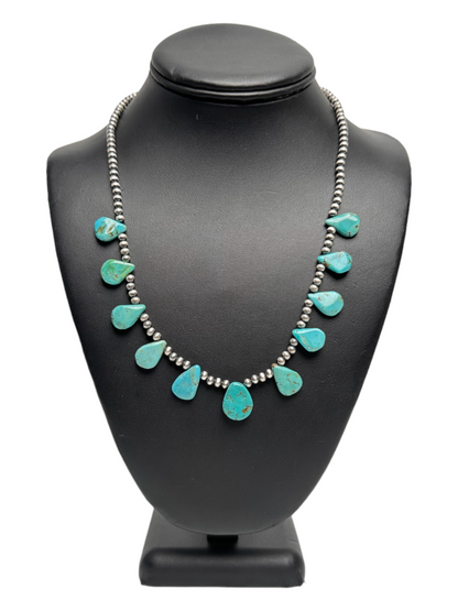 Native American Navajo Pearls Necklace | Sterling Silver | Blue Turquoise Teardrop | 11484