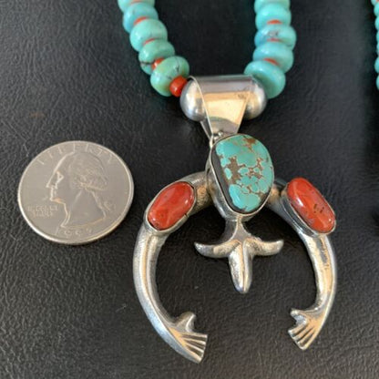 Navajo Sterling Silver Necklace | Blue Turquoise & Coral Naja Pendant | Authentic Native American Handmade | 13747