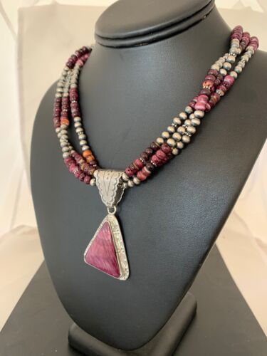 Navajo Purple Spiny Oyster Pendant Necklace | 3-Strand | Sterling Silver | Authentic Native American Handmade | 4107