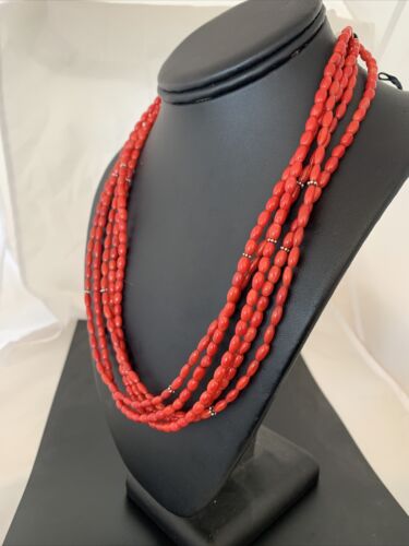 Native American Navajo 5-Strand Red Coral Necklace | Sterling Silver | Authentic Handmade | 01140