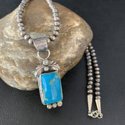 Men's Blue Kingman Turquoise Necklace Pendant | Sterling Silver Navajo Pearls | 13762