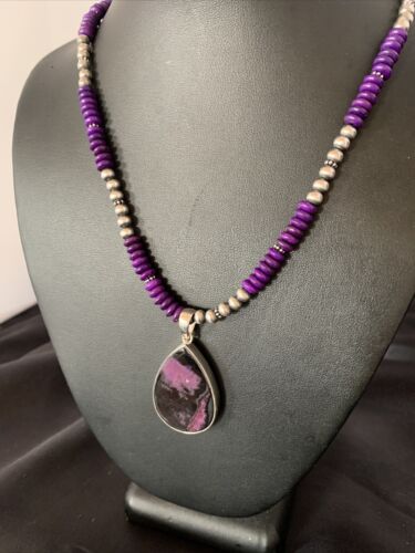 Women's Navajo Pearls Purple Sugilite Necklace Pendant | Sterling Silver | Authentic Native American Handmade | 13302