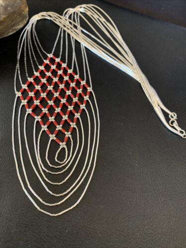 Red Coral 7 Strand Liquid Silver Heishi Necklace | Sterling Tubes | 18" | Authentic Native American Handmade | 12625