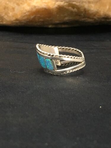 Native American Navajo Blue Opal Inlay Ring | Sterling Silver | Sz 7.75 | 2785 - Masha USA