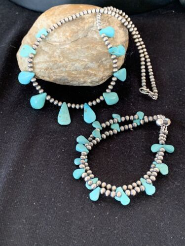 Navajo Pearls Sterling Silver Necklace & Bracelet Set | Blue Turquoise | Authentic Native American Handmade | 516
