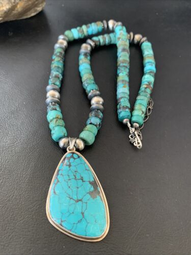 Navajo Pearls Spiderweb Beads Turquoise Necklace Pendant | Sterling Silver | Authentic Native American Handmade | 10239