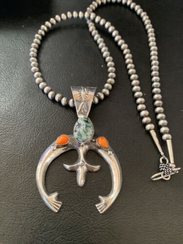 Navajo Pearl Necklace with Green Turquoise & Spiny Oyster Naja Pendant | Sterling Silver | Authentic Native American Handmade | 11701