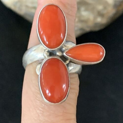 Navajo Red Coral Multi-Stone Ring | Authentic Native American Sterling Silver | Multi-Stone | Sz 7.5 | 14214