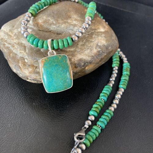 Navajo Green Turquoise Pendant Necklace | Sterling Silver Beads | Authentic Native American Handmade | 13305