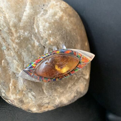 Navajo Sterling Silver Opal Inlay Ring with Amber | Sz 9 | Authentic Native American Handmade | Pomellato | 12849