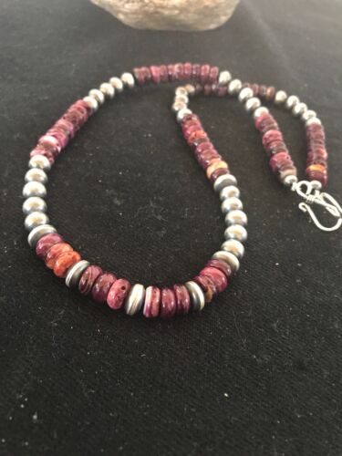 Navajo Purple Spiny Oyster & Turquoise Necklace | Sterling Silver | Authentic Native American | Single Strand | 20" | 11747