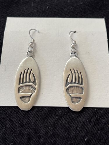 Native American Bearpaw Dangle Earrings | Hopi Sterling Silver Handmade | 01506