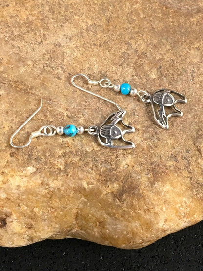 Navajo Sterling Silver Turquoise Bead Dangle Bear Paw Earrings | Authentic Native American Handmade | 8785