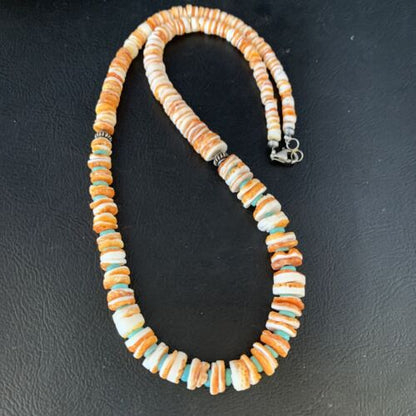 Navajo Turquoise & Orange Spiny Oyster Graduated Necklace | Sterling Silver | Authentic Native American | 21" | 13518