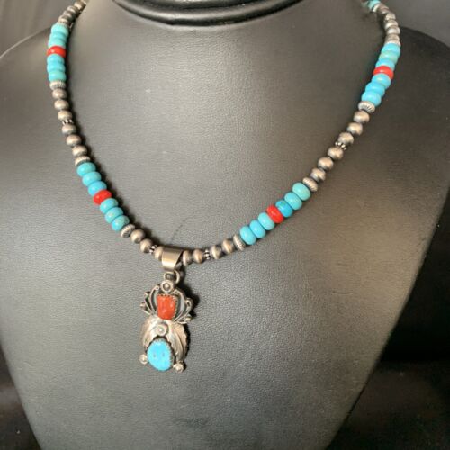 Navajo Sterling Turquoise Onyx Multi-Color Inlay Pendant | Southwestern Necklace | 21" | 13838