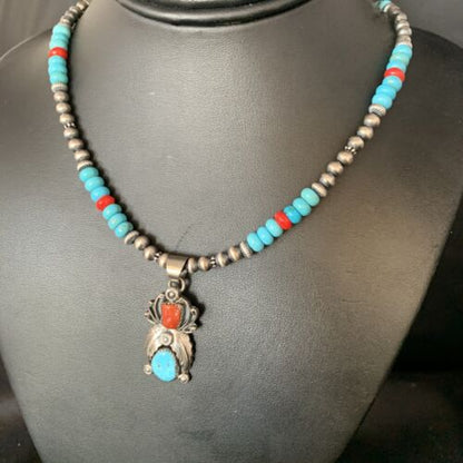 Navajo Sterling Turquoise Onyx Multi-Color Inlay Pendant | Southwestern Necklace | 21" | 13838