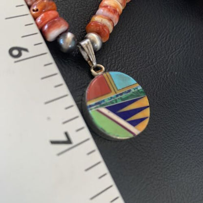 Navajo Multi-Color Spiny Turquoise Inlay Pendant Necklace | Sterling Silver | Authentic Native American Handmade | 12720