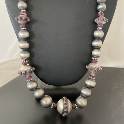 Navajo Purple Spiny Oyster Graduated Bead Necklace | Sterling Silver | Native American Handmade | 20" | 1144