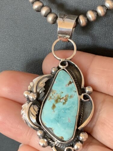 Men's Sterling Silver Blue Dry Creek Turquoise Pendant | Navajo Pearl Necklace 21" | 12975