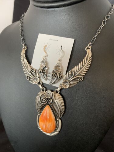 Navajo Orange Spiny Oyster Necklace & Earrings Set | Sterling Silver | Authentic Native American Handmade | 2104