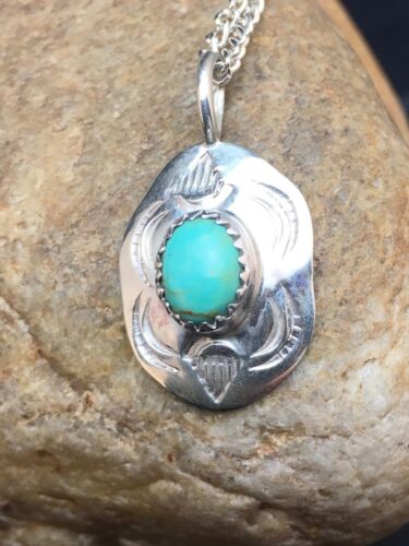 Navajo Turquoise Pendant Necklace | Sterling Silver | Authentic Native American Handmade | 19" Chain| 8955 - Masha USA