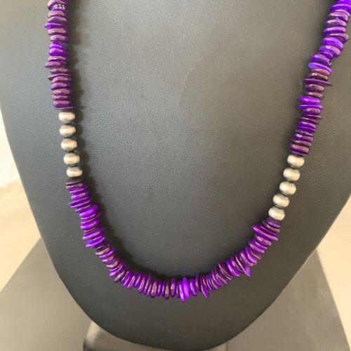 Navajo Pearls Purple Mother of Pearl Necklace | Sterling Silver | Authentic Native American Handmade | 20" | 1151