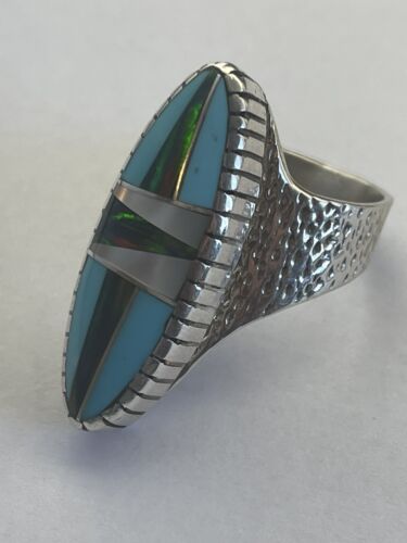 Navajo Opal & Turquoise Inlay Ring | Sterling Silver | Sz 7.5 | Authentic Native American Handmade | 1597