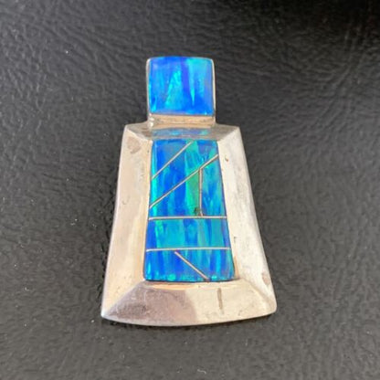 Authentic Native American Navajo Sterling Silver Blue Opal Inlay Pendant | Handmade Jewelry | 13339