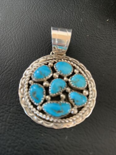 Navajo Blue Kingman Turquoise Cluster Pendant | Authentic Native American Sterling Silver | Multi-Stone | 2" | 02094