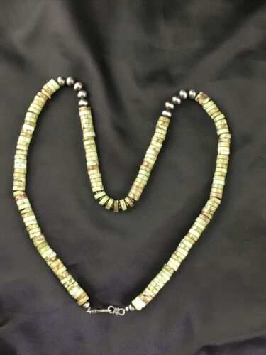 Navajo Men's Green Turquoise Heishi Necklace | Sterling Silver | 8mm | 22" | Authentic Native American Handmade | 10137
