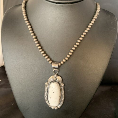 Men's Women's White Buffalo Turquoise Pendant Necklace | Sterling Silver | Authentic Native American Handmade | 14195