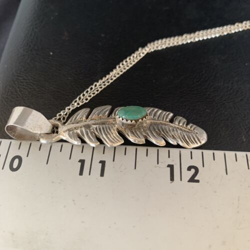 Navajo Green Turquoise Feather Pendant Necklace | Sterling Silver | 16" | Authentic Native American Handmade | 13685