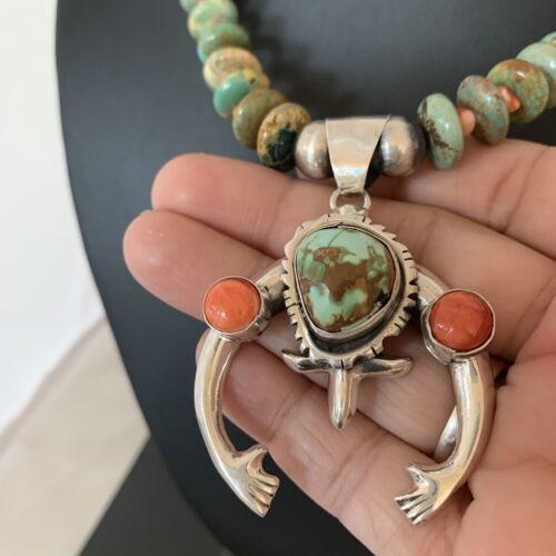 Navajo Green Turquoise Spiny Oyster Pendant Necklace | Authentic Native American Sterling Silver | Naja | 02139