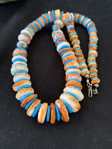 Navajo Pearls & Spiny Oyster Turquoise Necklace | Sterling Silver | Graduated | Authentic Native American | 23" | 00744