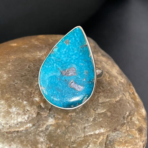 Navajo Blue Kingman Turquoise Ring | Sterling Silver | Sz 10 | Teardrop | Authentic Native American Handmade | 10508