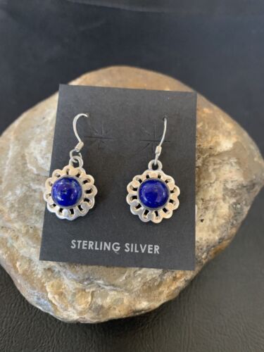 Navajo Flower Blue Lapis Lazuli Dangle Drop Earrings | Sterling Silver | 0.50" | 12711