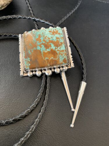 Navajo Green Royston Turquoise Bolo Tie | Sterling Silver | Authentic Native American Handmade | 12883