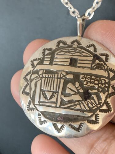 Native American Hopi Pueblo Design Stamp Pendant | Sterling Silver | Handmade | 12318 Chain