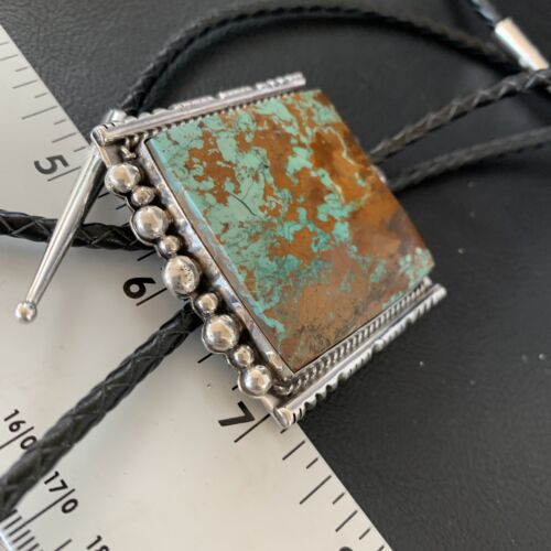 Navajo Green Royston Turquoise Bolo Tie | Sterling Silver | Authentic Native American Handmade | 12883
