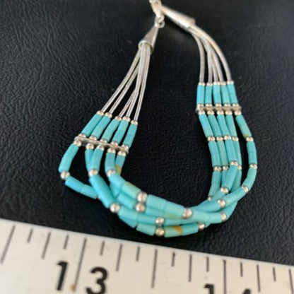 Navajo Blue Green Turquoise Heishi Sterling Silver Bracelet | 5-Strand | 8" | 13617