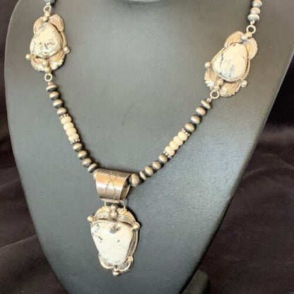 Navajo Pearls White Buffalo Turquoise Necklace Pendant | Sterling Silver | Authentic Native American Handmade | 10868