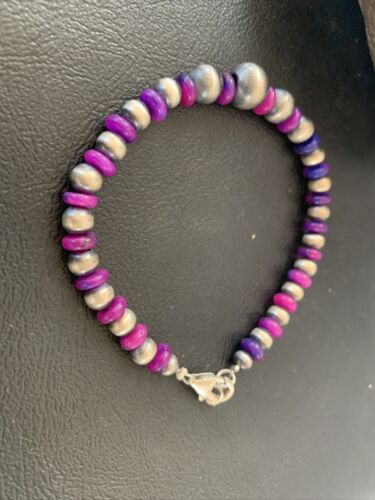 Navajo Purple Stabilized Sugilite Bead Bracelet | Sterling Silver | 8" | Authentic Native American Handmade | 01966