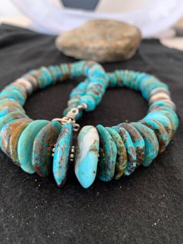 Authentic Navajo Sterling Silver & Turquoise Graduated Necklace | 18" | Native American Jewelry | 4241 - Masha USA