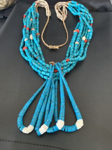 Southwestern Santo Domingo Coral Spiny Blue Turquoise Jacla Necklace | 32" | Native American Handmade | 12047